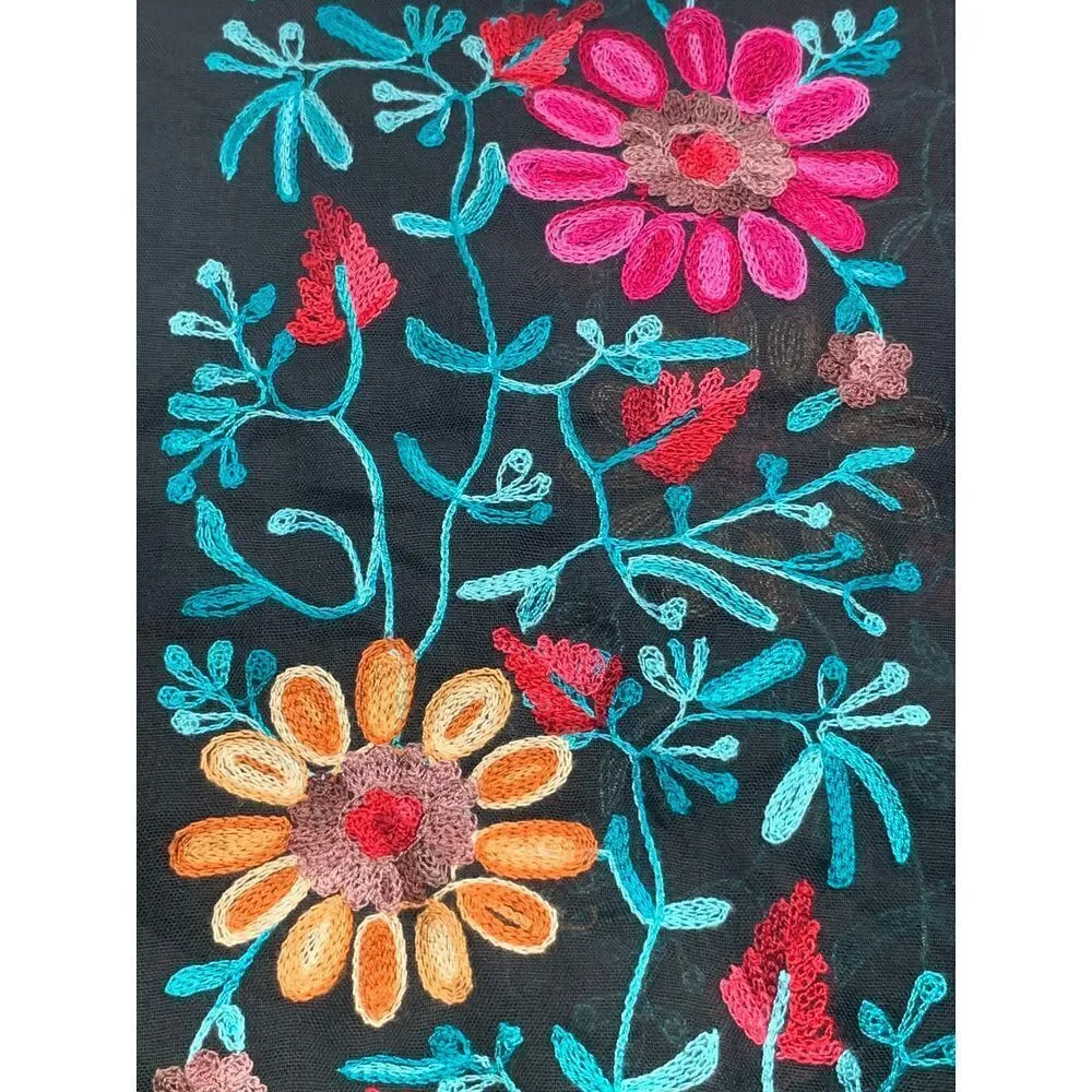 Women's Lightweight Black‎ Multi-Colored Floral Embroidered Scarf Wrap OS